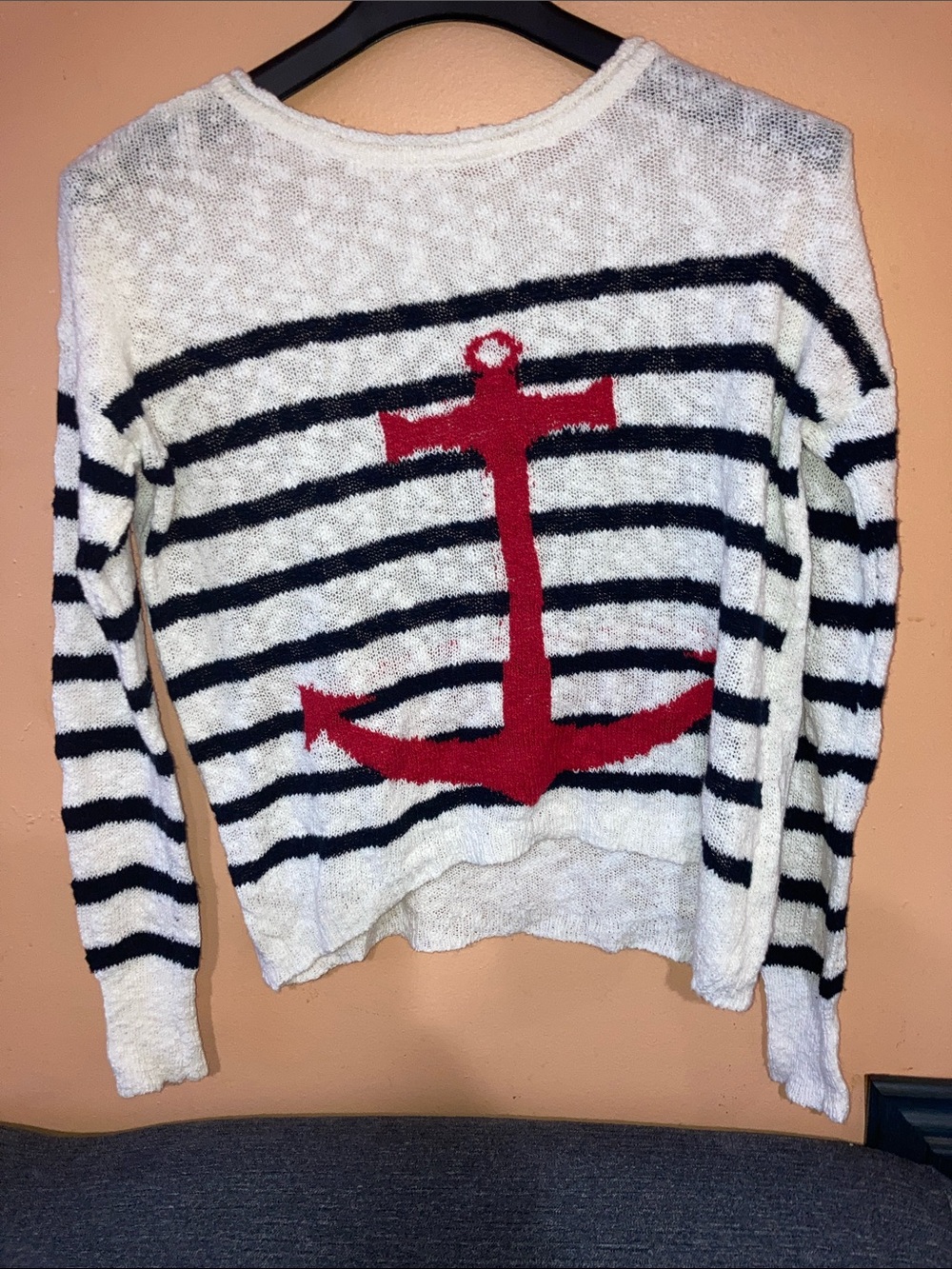 Bluenotes Striped Crewneck Sweater with Red Anchor